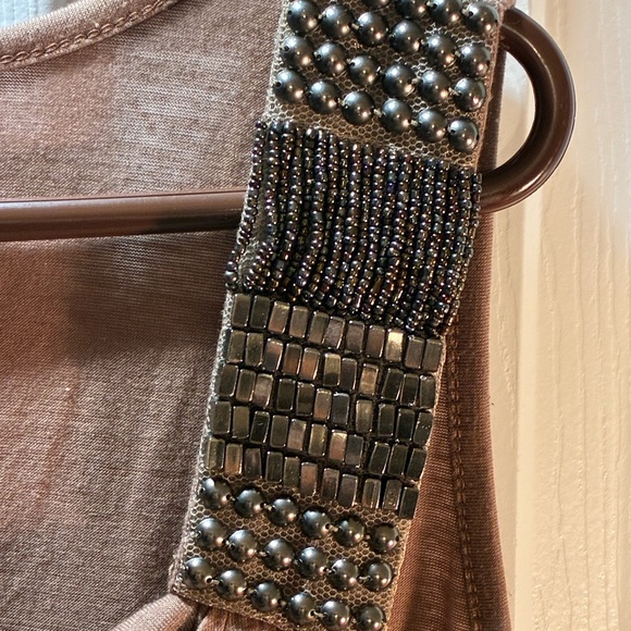 Elegant Taupe Sleeveless Cowl Neck Blouse with Embellished Shoulder - Picture 4 of 8